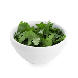 Photo of Aromatic cilantro in bowl isolated on white