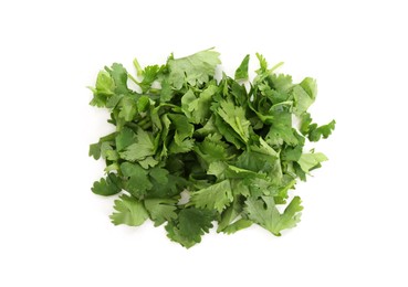 Photo of Leaves of fresh cilantro isolated on white, top view