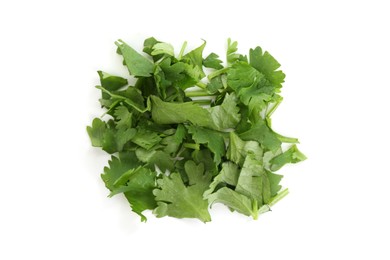 Photo of Leaves of fresh cilantro isolated on white, top view
