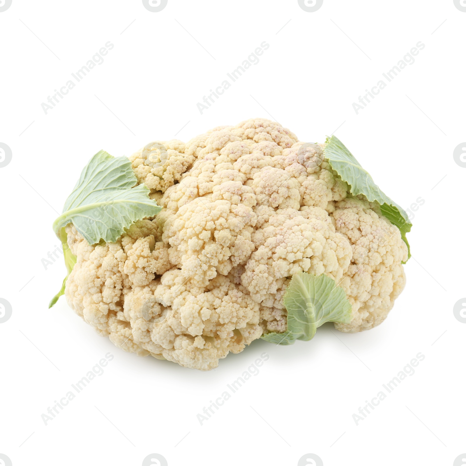 Fresh cauliflower with green leaves isolated on white Photo of Fresh cauliflower with green leaves isolated on white