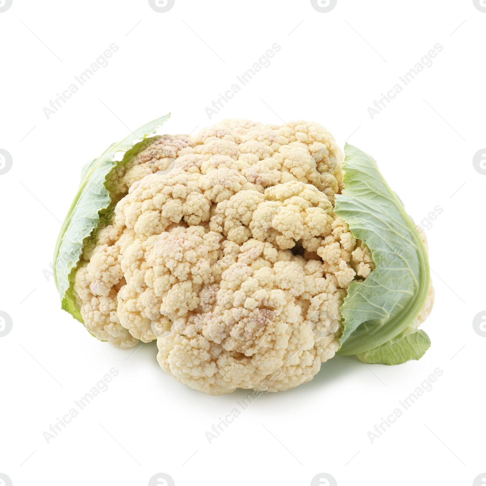 Fresh cauliflower with green leaves isolated on white Photo of Fresh cauliflower with green leaves isolated on white