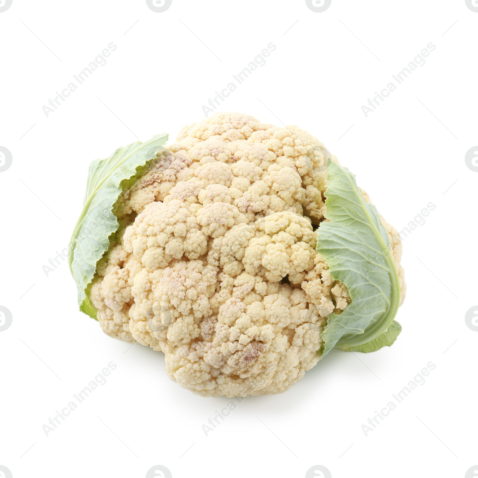 Fresh cauliflower with green leaves isolated on white, above view Photo of Fresh cauliflower with green leaves isolated on white, above view