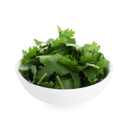 Photo of Aromatic cilantro in bowl isolated on white