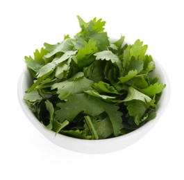 Photo of Aromatic cilantro in bowl isolated on white