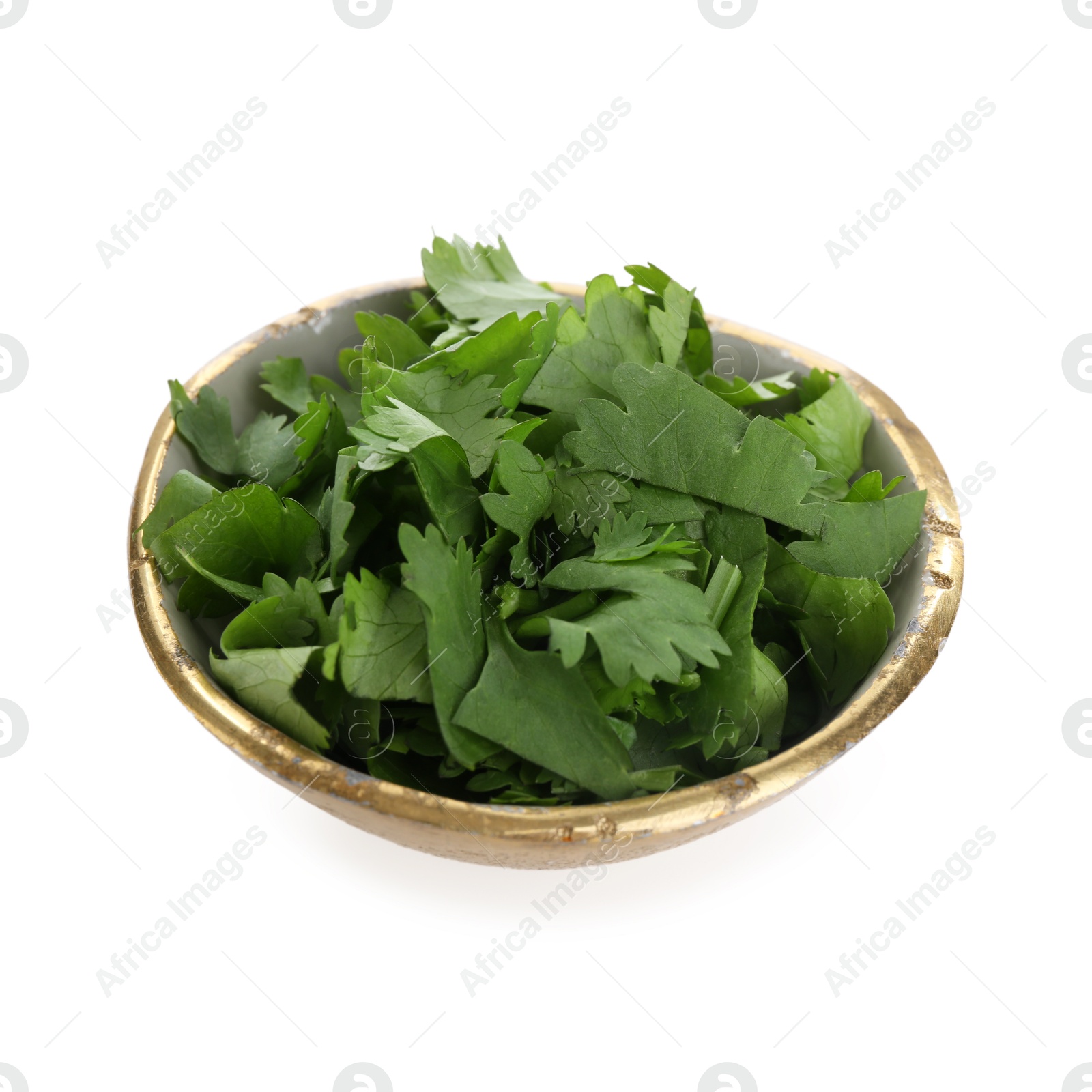 Photo of Aromatic cilantro in bowl isolated on white