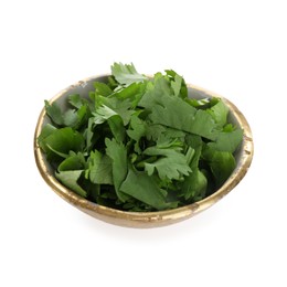 Photo of Aromatic cilantro in bowl isolated on white