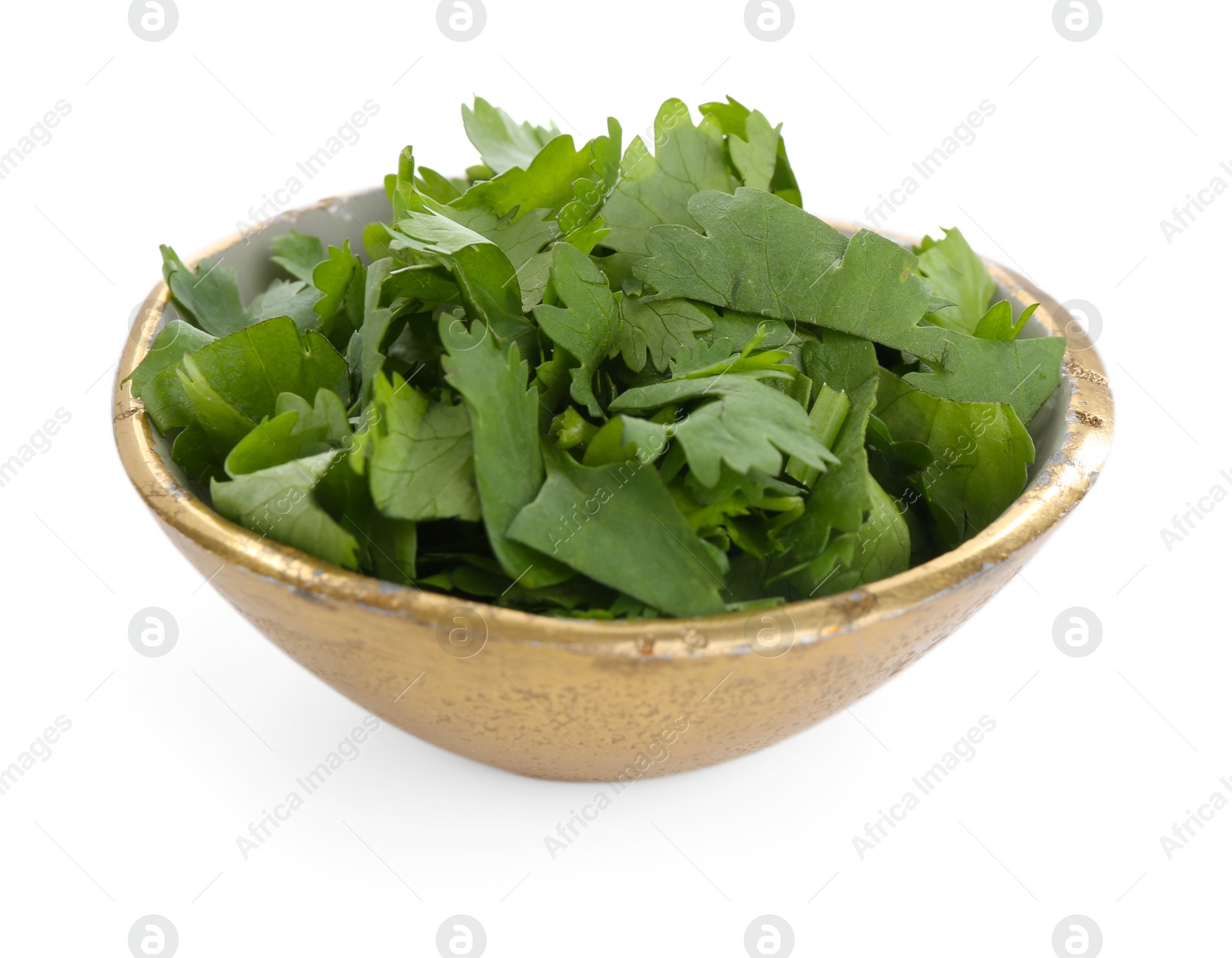 Aromatic cilantro in bowl isolated on white Photo of Aromatic cilantro in bowl isolated on white