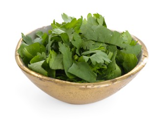 Photo of Aromatic cilantro in bowl isolated on white