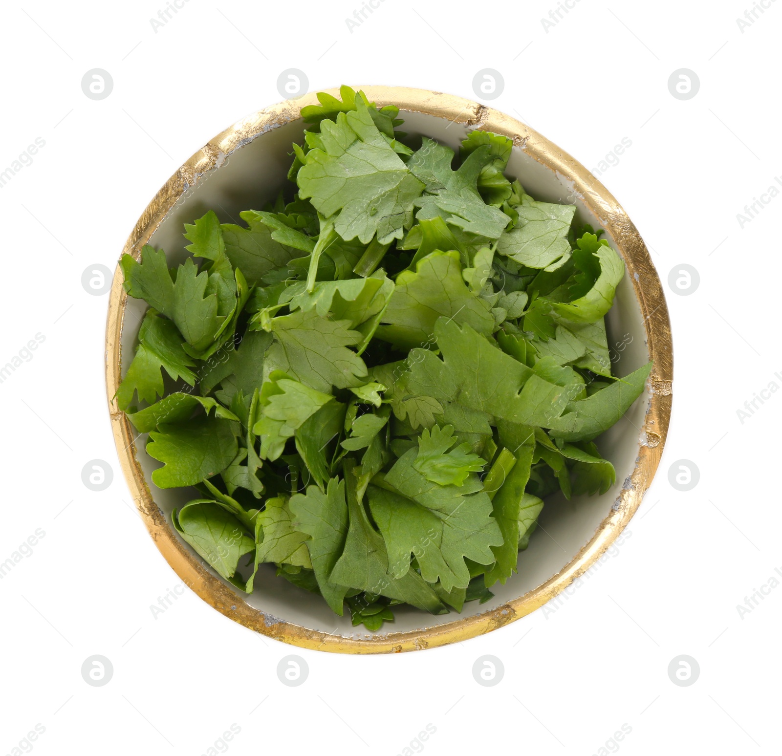 Photo of Aromatic cilantro in bowl isolated on white, top view