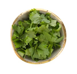 Photo of Aromatic cilantro in bowl isolated on white, top view