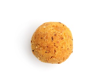 Photo of One delicious fried croquette ball isolated on white, top view