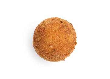 Photo of One delicious fried croquette ball isolated on white, top view