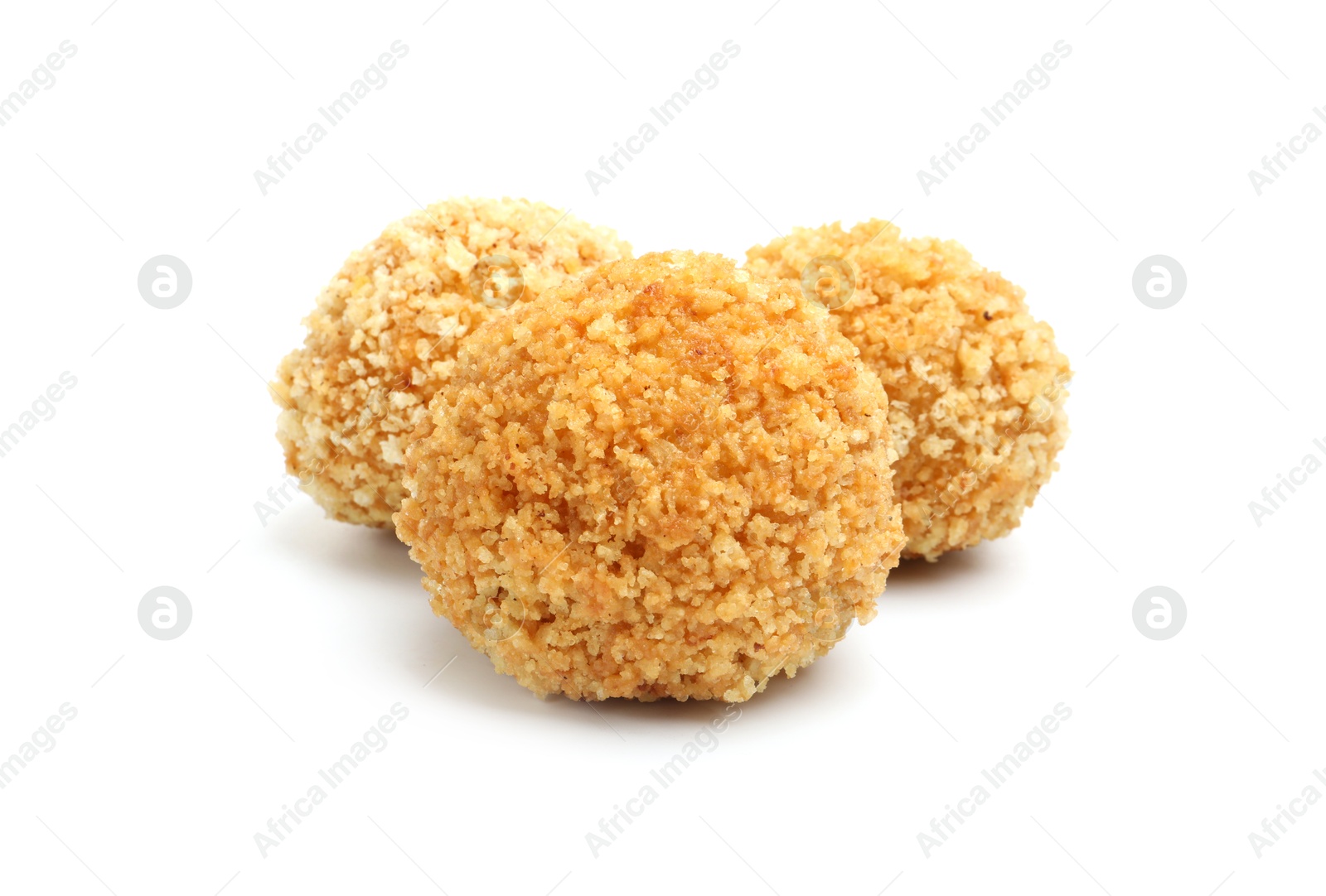 Delicious fried croquette balls isolated on white Photo of Delicious fried croquette balls isolated on white