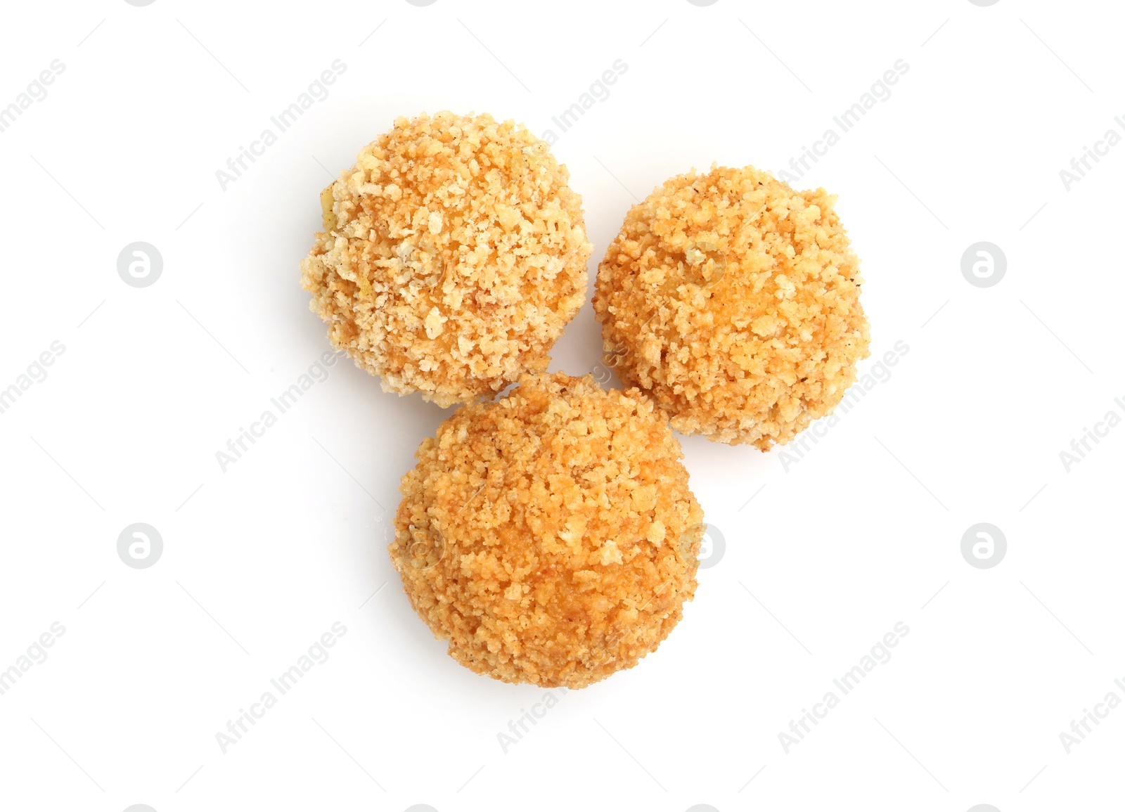 Photo of Delicious fried croquette balls isolated on white, top view