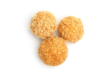 Photo of Delicious fried croquette balls isolated on white, top view