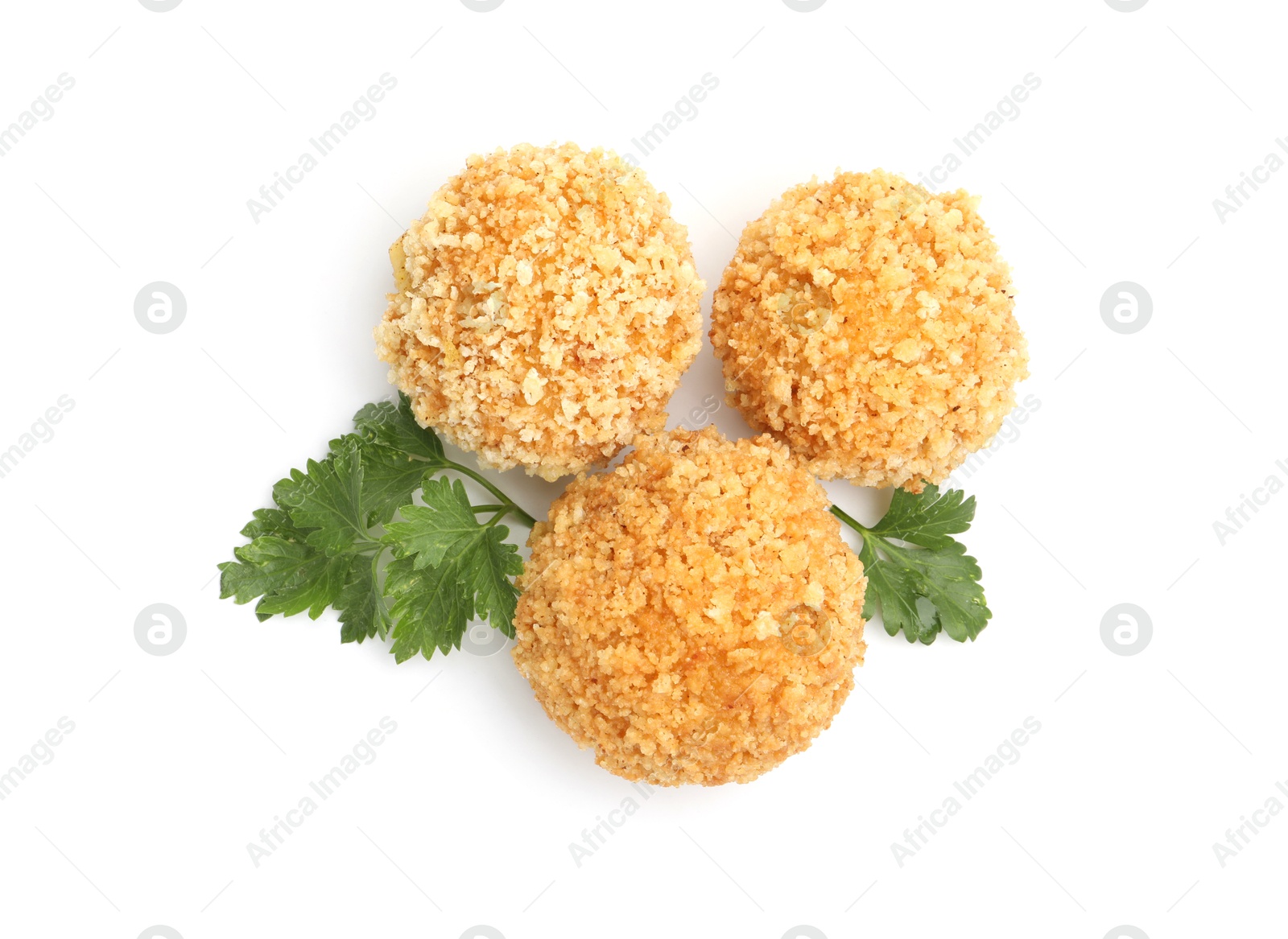Delicious fried croquette balls and parsley isolated on white, top view Photo of Delicious fried croquette balls and parsley isolated on white, top view
