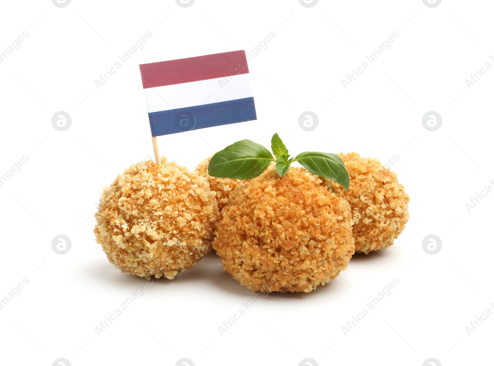 Delicious fried croquette balls, basil and small flag of Netherlands isolated on white Photo of Delicious fried croquette balls, basil and small flag of Netherlands isolated on white