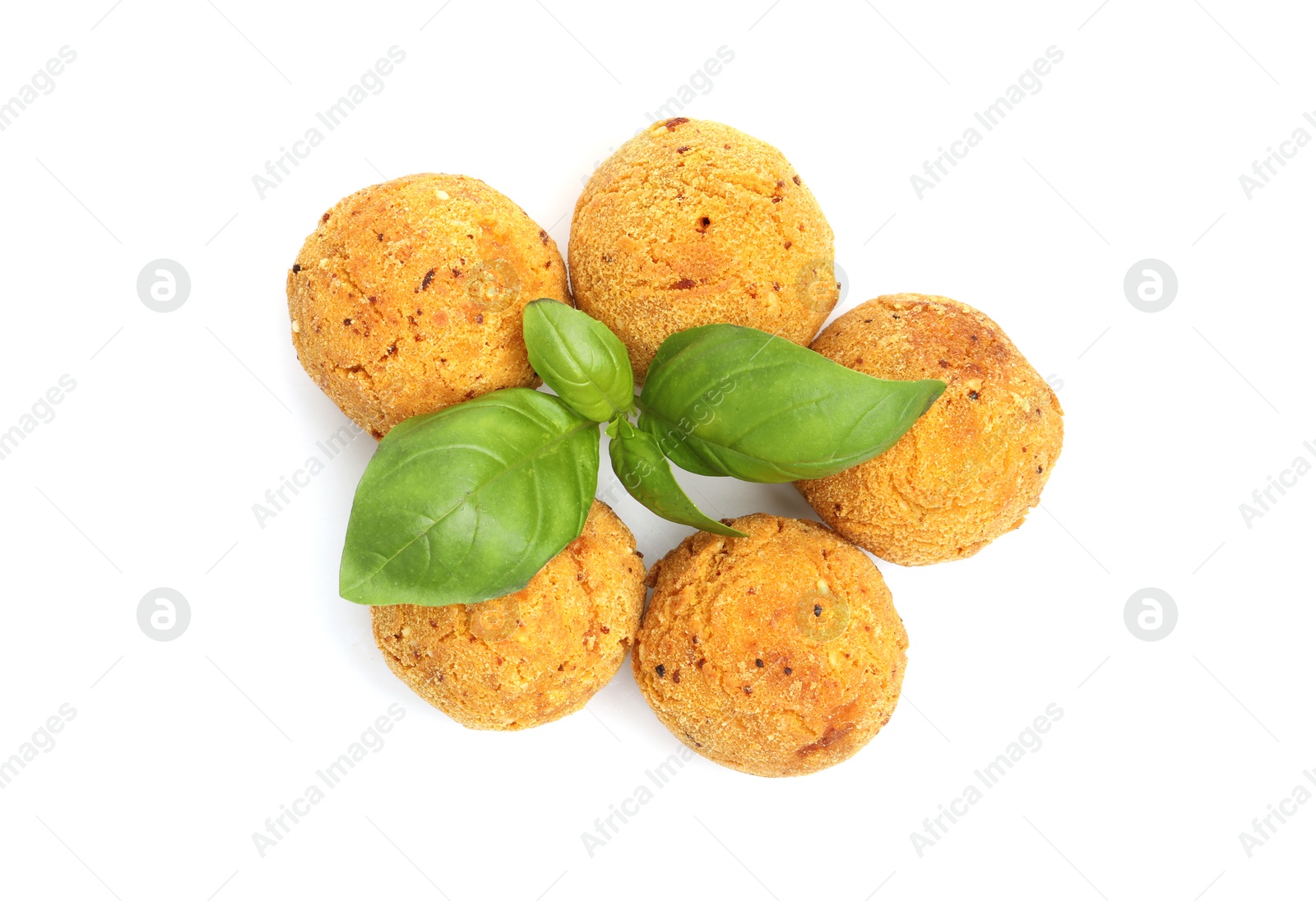 Delicious fried croquette balls and basil isolated on white, top view Photo of Delicious fried croquette balls and basil isolated on white, top view