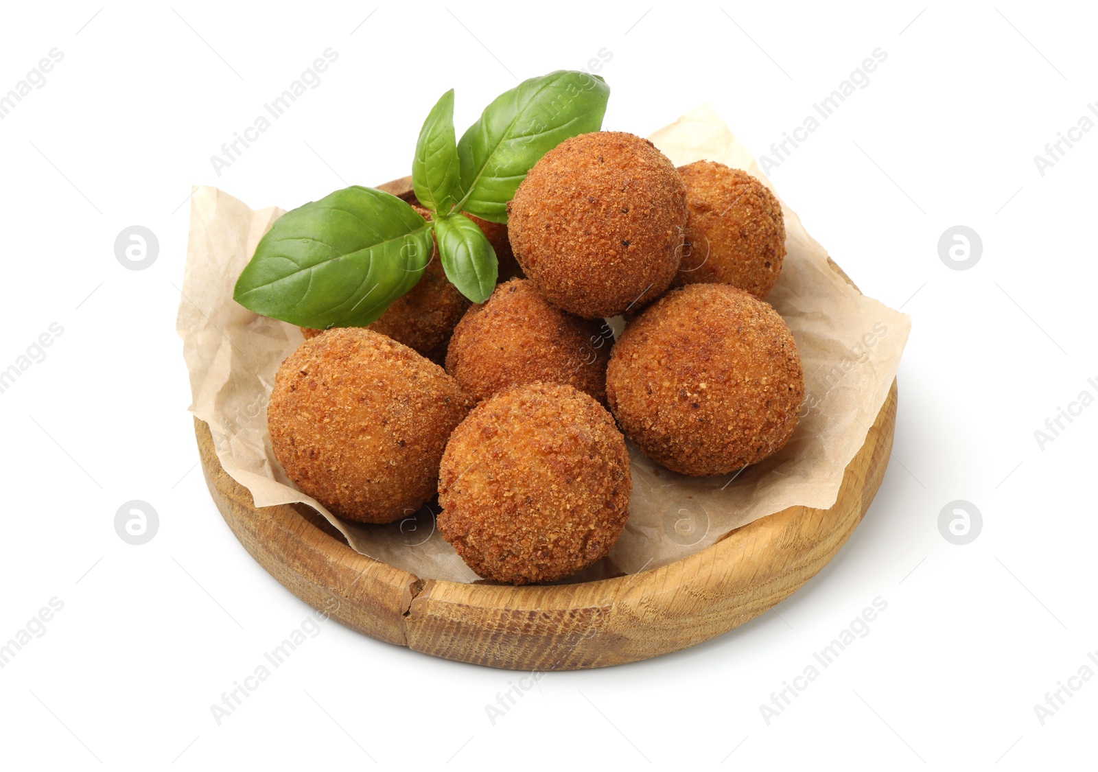 Delicious fried croquette balls and basil isolated on white Photo of Delicious fried croquette balls and basil isolated on white