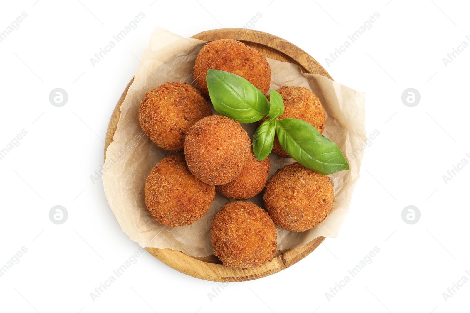 Delicious fried croquette balls and basil isolated on white, top view Photo of Delicious fried croquette balls and basil isolated on white, top view