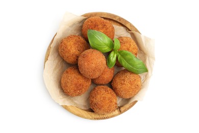 Photo of Delicious fried croquette balls and basil isolated on white, top view