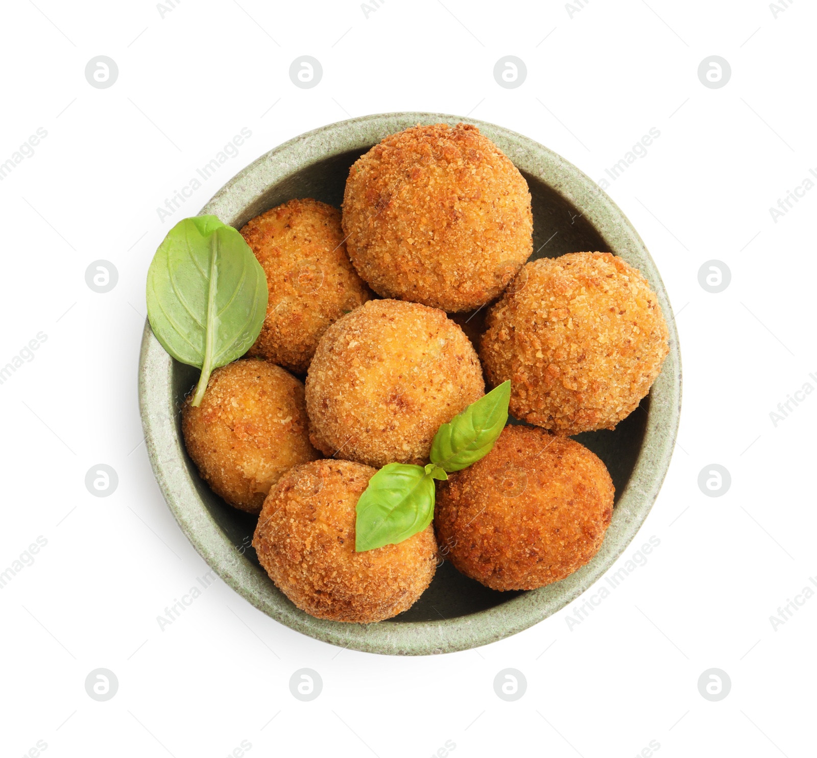 Delicious fried croquette balls with basil in bowl isolated on white, top view Photo of Delicious fried croquette balls with basil in bowl isolated on white, top view