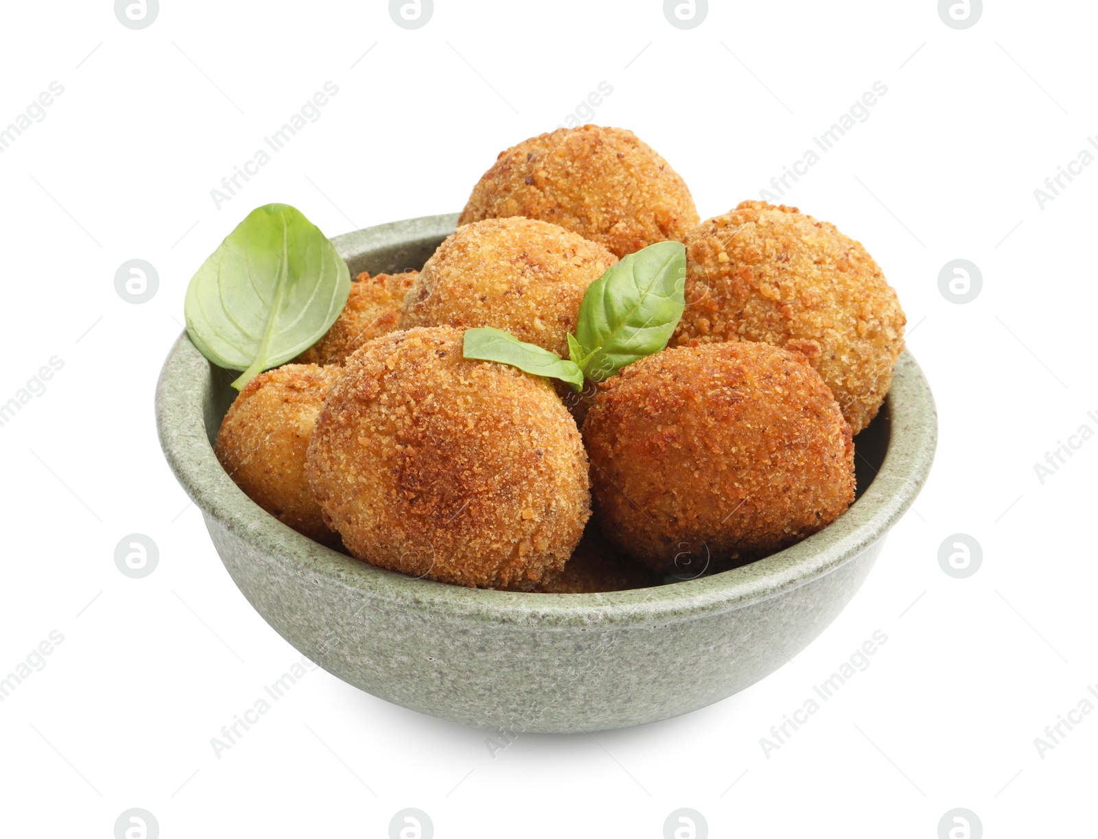 Delicious fried croquette balls with basil in bowl isolated on white Photo of Delicious fried croquette balls with basil in bowl isolated on white