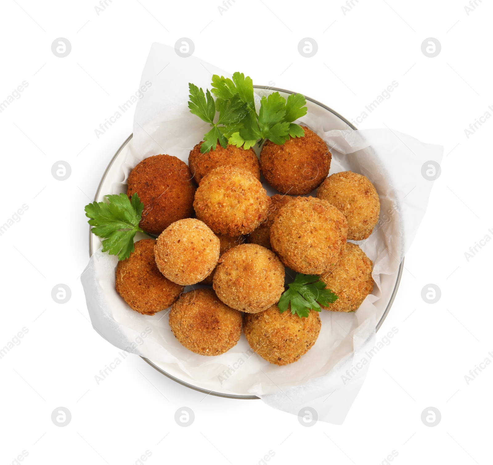 Delicious fried croquette balls with parsley in bowl isolated on white, top view Photo of Delicious fried croquette balls with parsley in bowl isolated on white, top view