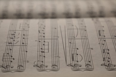 Photo of Sheets with musical notes as background, closeup