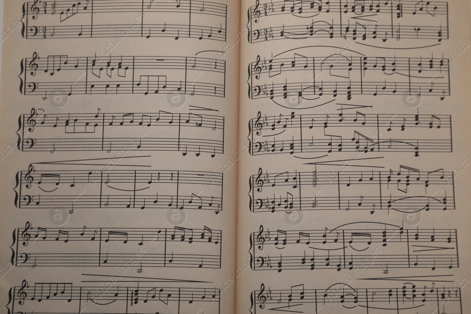 Sheets with musical notes as background, top view Photo of Sheets with musical notes as background, top view