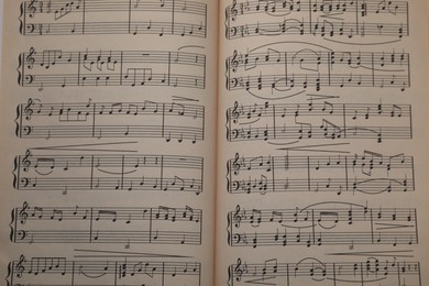Photo of Sheets with musical notes as background, top view