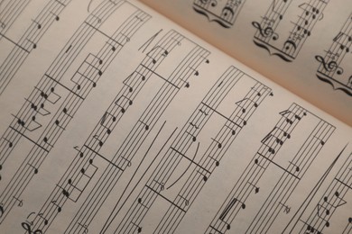 Photo of Sheets with musical notes as background, closeup