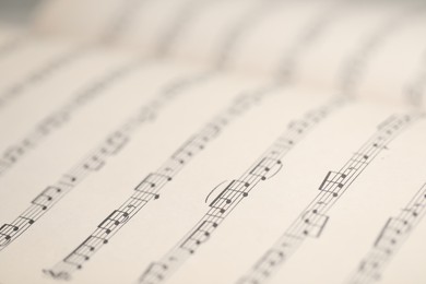 Photo of Sheets with musical notes as background, closeup