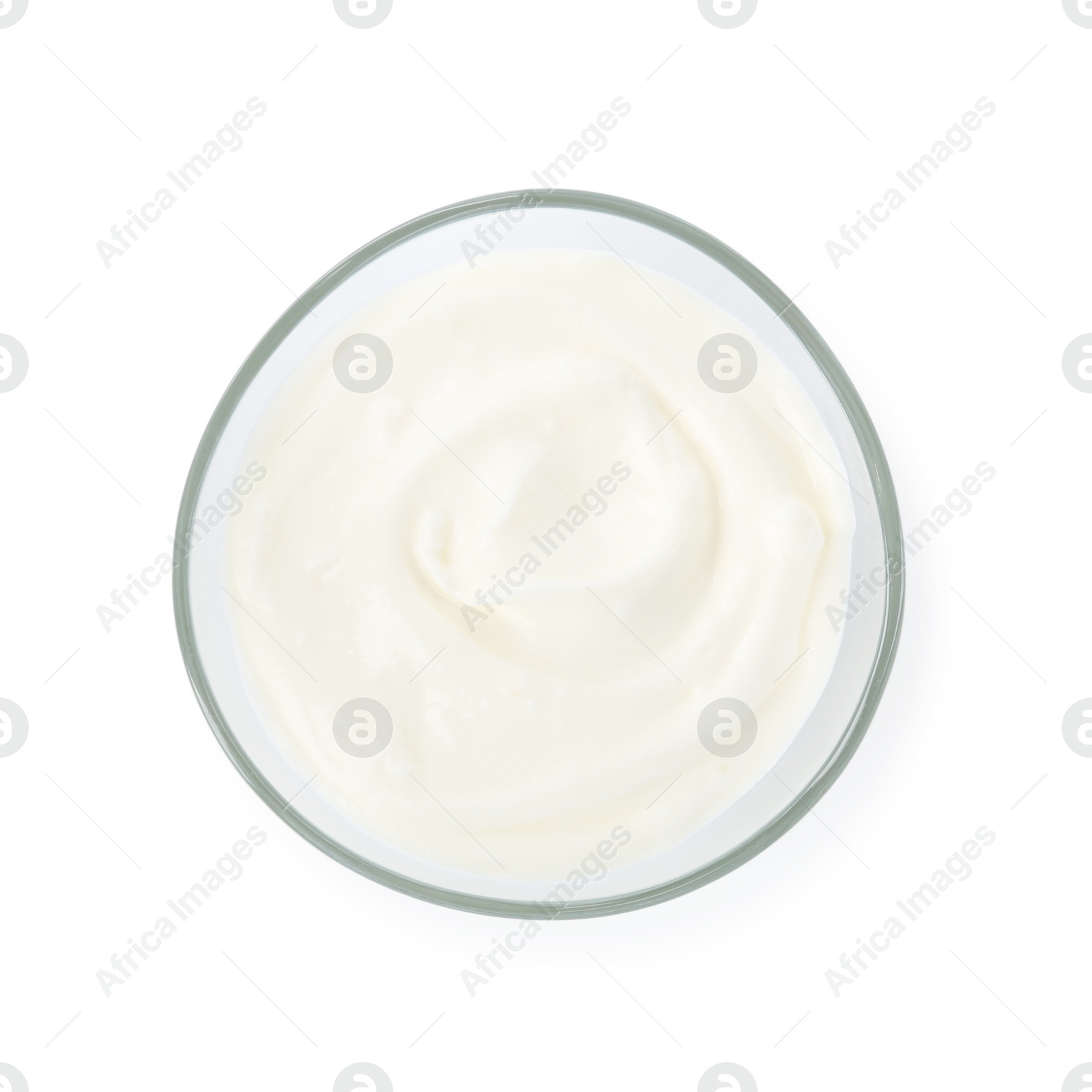 Tasty yoghurt in bowl isolated on white, top view Photo of Tasty yoghurt in bowl isolated on white, top view
