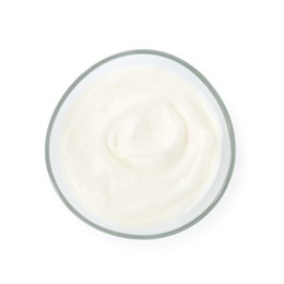 Photo of Tasty yoghurt in bowl isolated on white, top view