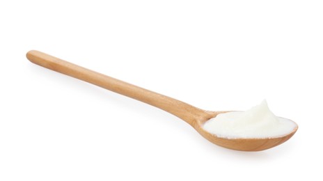 Photo of Tasty yoghurt in spoon isolated on white
