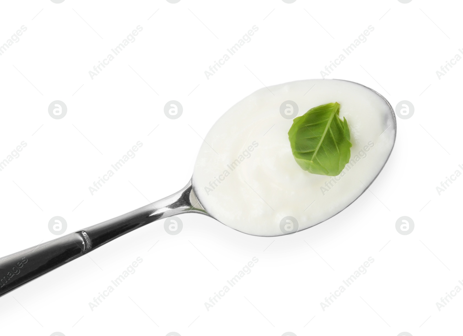 Tasty yoghurt with basil in spoon isolated on white, top view Photo of Tasty yoghurt with basil in spoon isolated on white, top view
