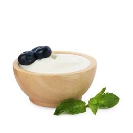 Photo of Tasty yoghurt with blueberries and mint in bowl isolated on white