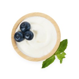 Photo of Tasty yoghurt with blueberries and mint in bowl isolated on white, top view
