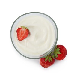 Photo of Tasty yoghurt with strawberries in bowl isolated on white, top view