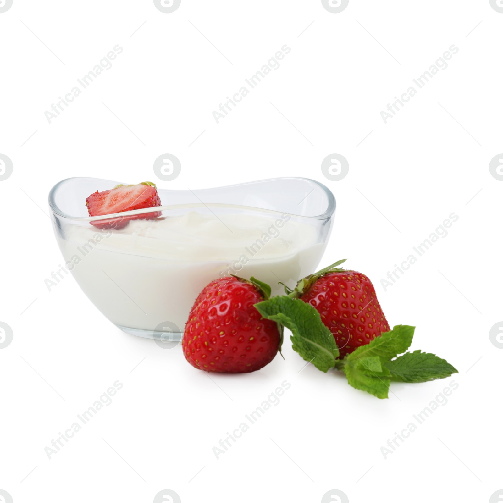 Tasty yoghurt with strawberries and mint in bowl isolated on white Photo of Tasty yoghurt with strawberries and mint in bowl isolated on white