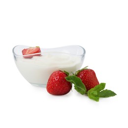 Photo of Tasty yoghurt with strawberries and mint in bowl isolated on white