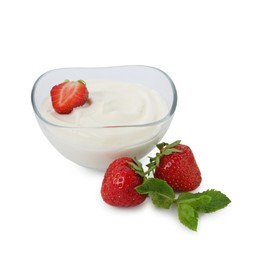 Photo of Tasty yoghurt with strawberries and mint in bowl isolated on white