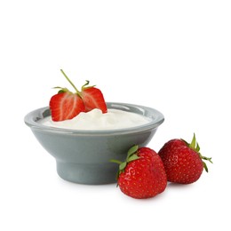 Photo of Tasty yoghurt with strawberries in bowl isolated on white