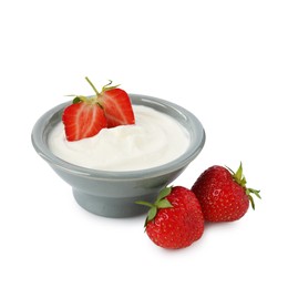 Photo of Tasty yoghurt with strawberries in bowl isolated on white