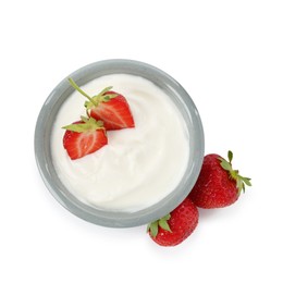 Photo of Tasty yoghurt with strawberries in bowl isolated on white, top view
