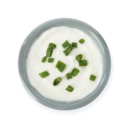 Photo of Tasty yoghurt with green onions in bowl isolated on white, top view