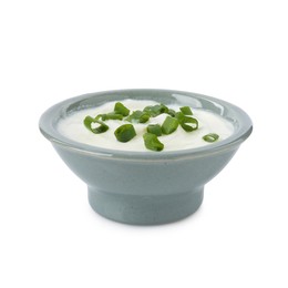 Photo of Tasty yoghurt with green onions in bowl isolated on white