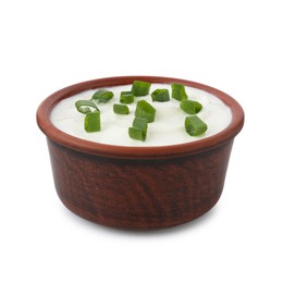 Photo of Tasty yoghurt with green onions in bowl isolated on white