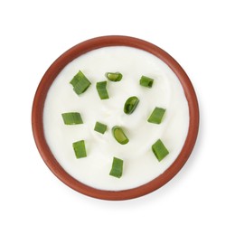 Photo of Tasty yoghurt with green onions in bowl isolated on white, top view